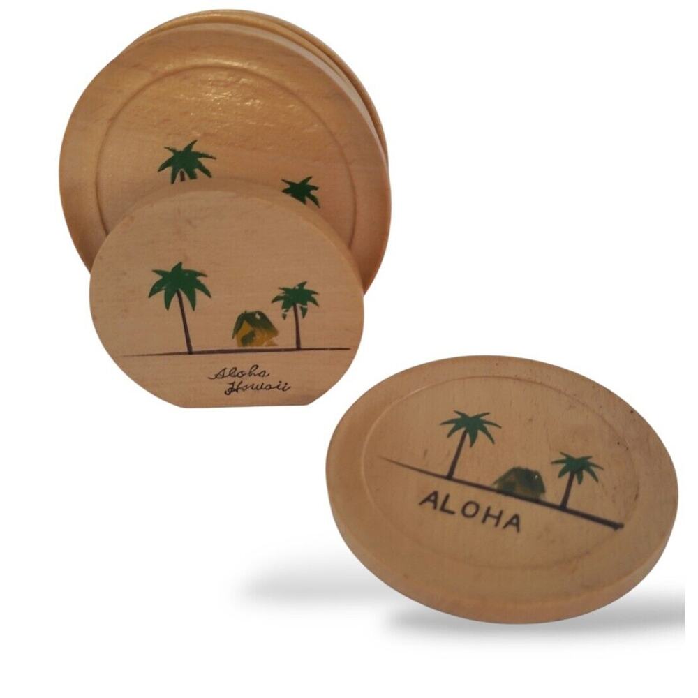 Hawaii Aloha Coasters Wood Hand Painted Round Set of 6 Rack MCM Vintage Tiki